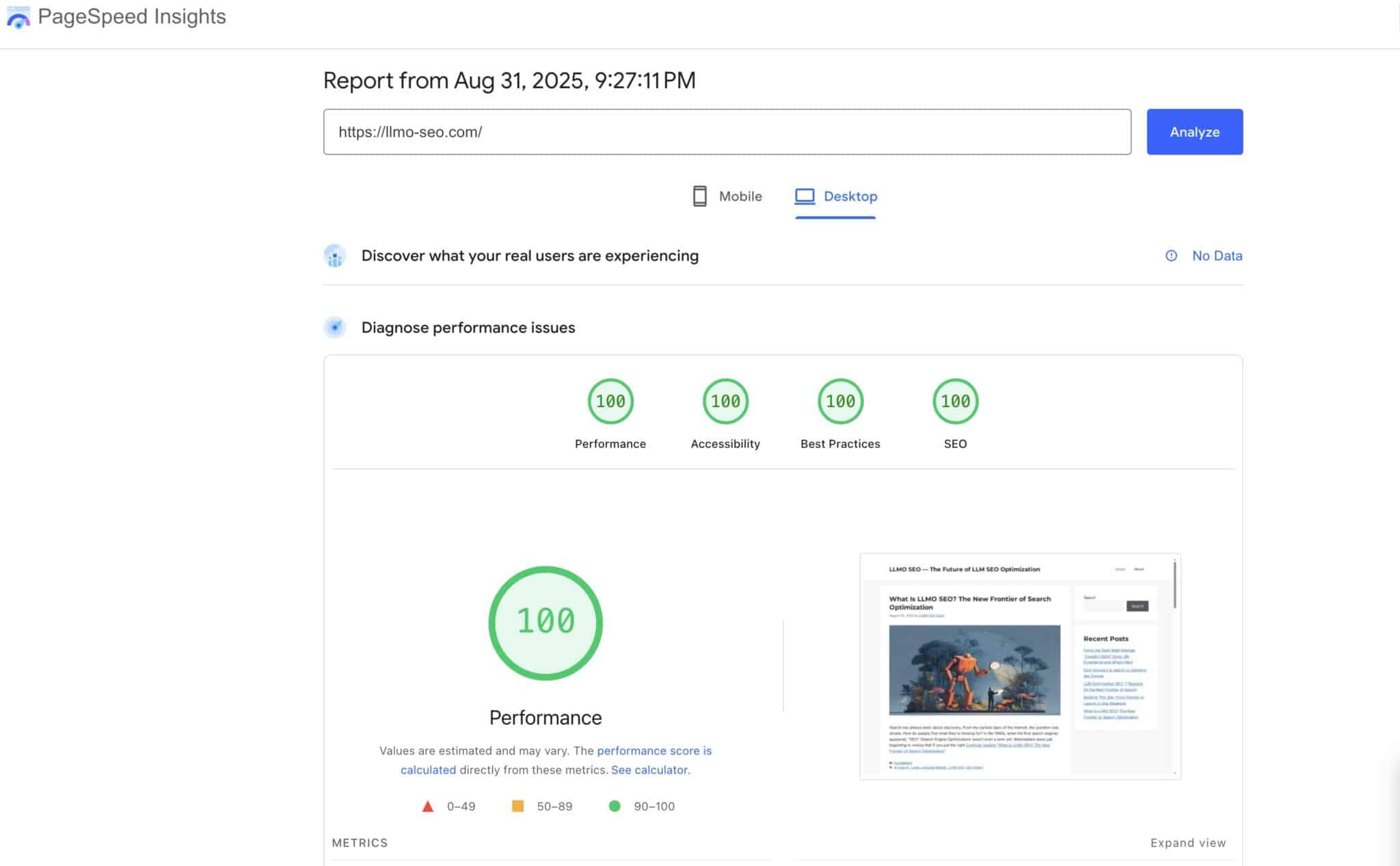 WordPress PageSpeed Insights Optimization results screenshot